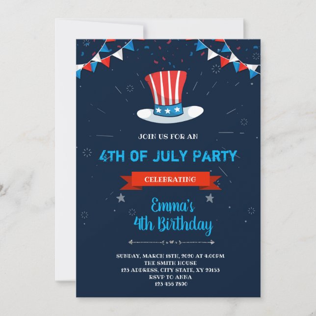 convite de aniversário de 4 de julho (Frente)
