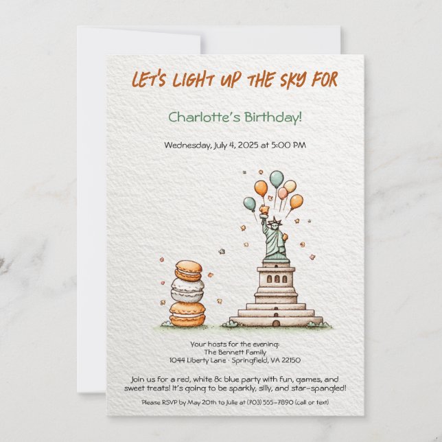 Convite de Aniversário de 4 de Julho – Cute Libert (Frente)