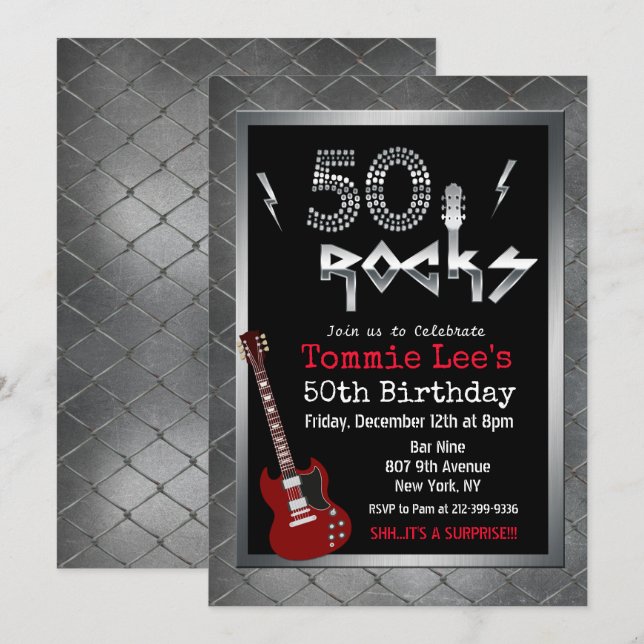 Convite de Aniversário de 50 Anos 50 Rocks Rocksta (Frente/Verso)