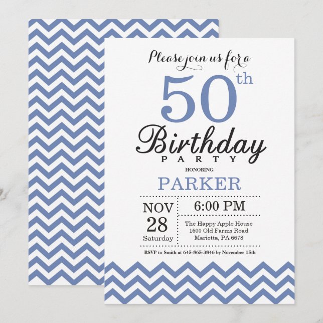 Convite de Aniversário de 50 anos Azul Chevron (Frente/Verso)