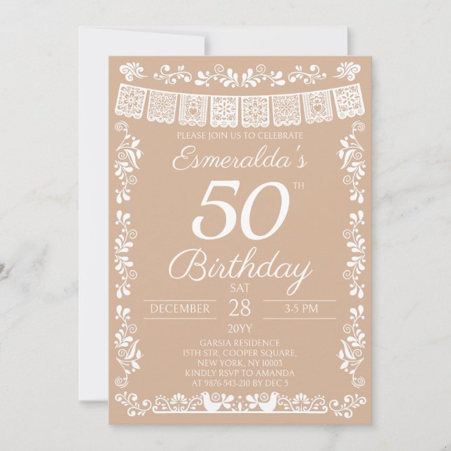 Convite de Aniversário de 50 anos Beige Fiesta Mex (Frente)
