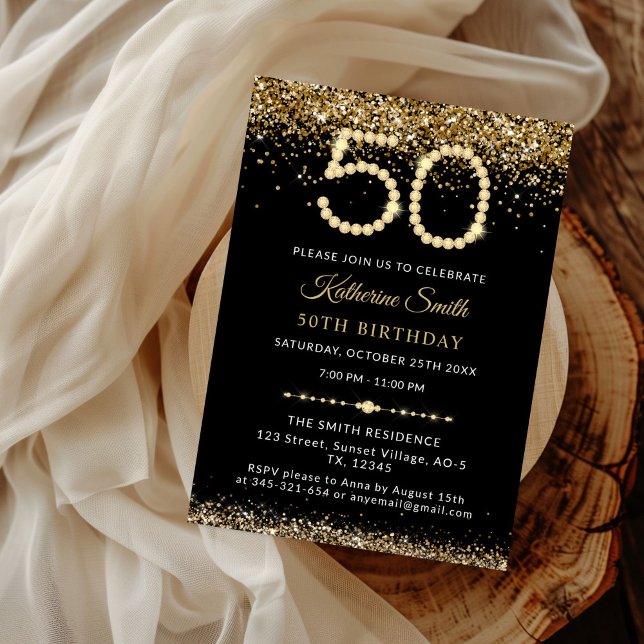Convite de Aniversário de 50 anos com Diamantes e  (Gold Glitter Diamonds 50th Birthday Party Invitation)