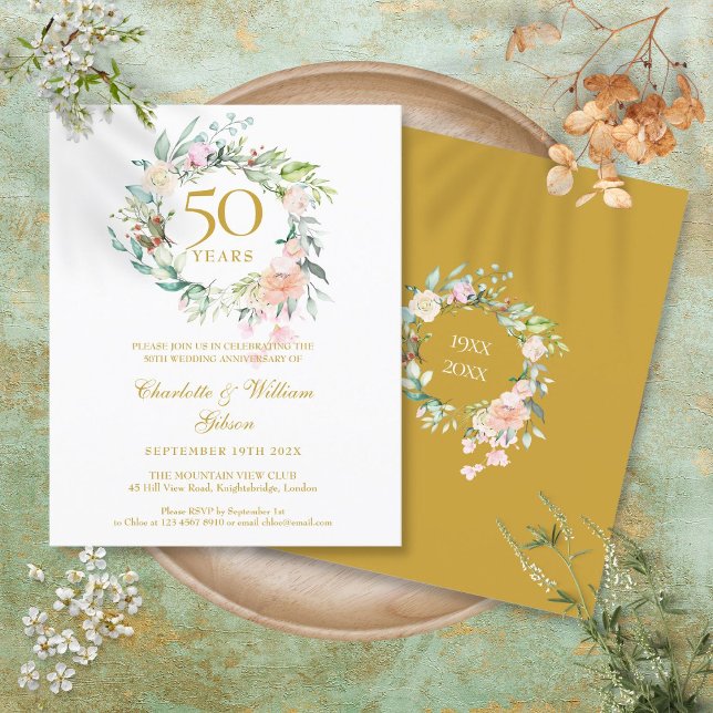 Convite de Aniversário de 50 Anos com Grinalda de  (Budget Roses Garland 50th Anniversary Invitation)