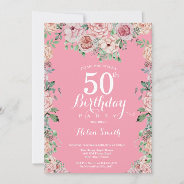 Convite de Aniversário de 50 anos com Peônias Rosa (Frente)