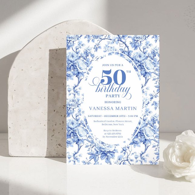 Convite de Aniversário de 50 anos com Rosa Azul To (Vintage French Toile Blue Rose 50th Birthday Invite)
