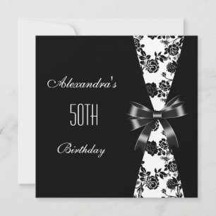 Convite de Aniversário de 50 anos Damask Preto Bra