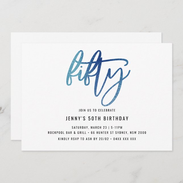 Convite de aniversário de 50 anos de folhas azuis  (Frente/Verso)