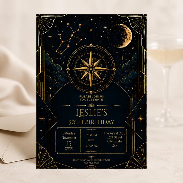 Convite de Aniversário de 50 anos de Sagitário | C (Celestial Sagittarius 50th birthday invitation with gold zodiac details and midnight stars.)