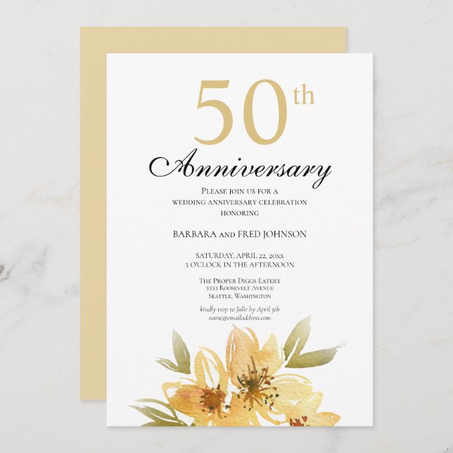 Convite de Aniversário de 50 anos Elegant Gold Flo (Frente/Verso)