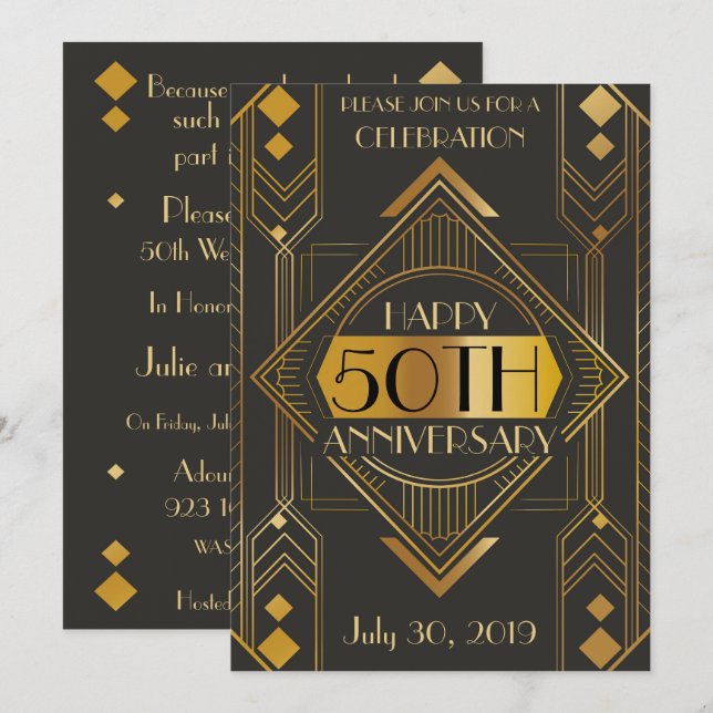 Convite de Aniversário de 50 anos Elegante Art Dec (Frente/Verso)