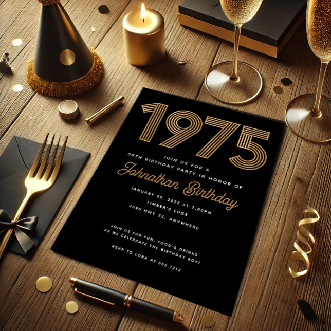 Convite de Aniversário de 50 anos em Preto e Ouro  (1975 Black Faux Gold 50th Birthday Invitation)