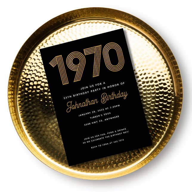 Convite de Aniversário de 50 anos em Preto e Ouro  (1970 Black Faux Gold 50th Birthday Invitation)