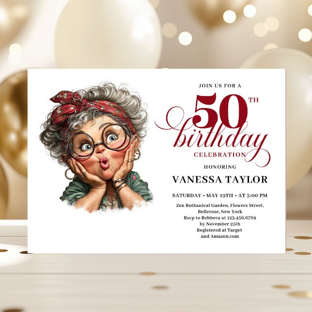 Convite de aniversário de 50 anos engraçado retrô  (Retro funny lady turning 50 birthday invitation)