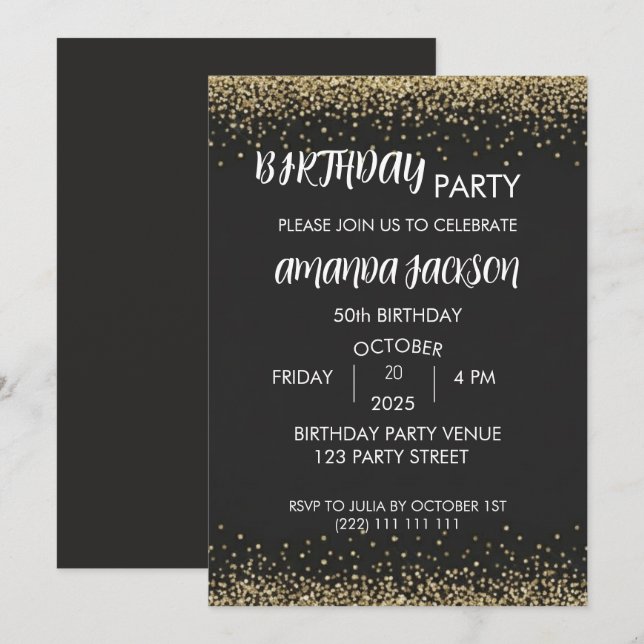 Convite de Aniversário de 50 anos Faux Dourado Pre (Frente/Verso)