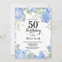 Convite de Aniversário de 50 anos Floral Azul Botâ