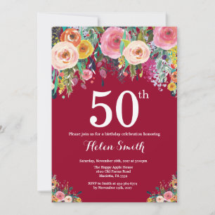 Convite de Aniversário de 50 anos Floral Borgonha