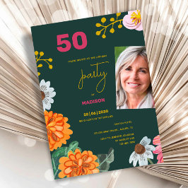 Convite de Aniversário de 50 Anos Floral com Foto