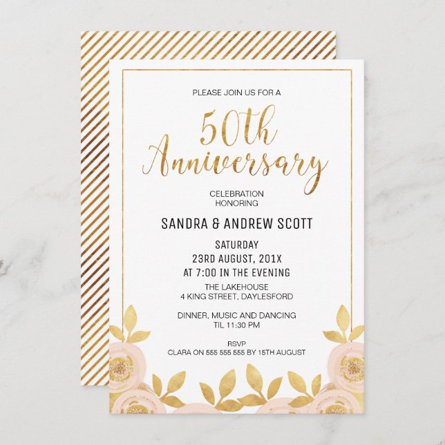 Convite de Aniversário de 50 anos Floral Faux Gold (Frente/Verso)