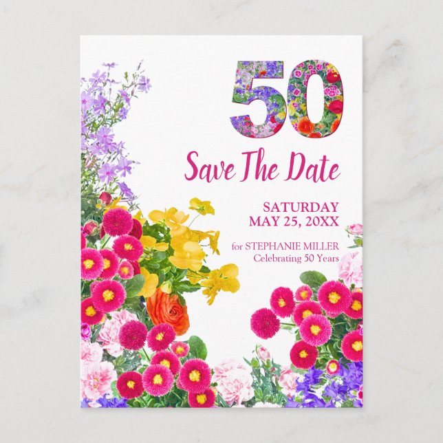 Convite de Aniversário de 50 Anos Floral Moderno (Frente)