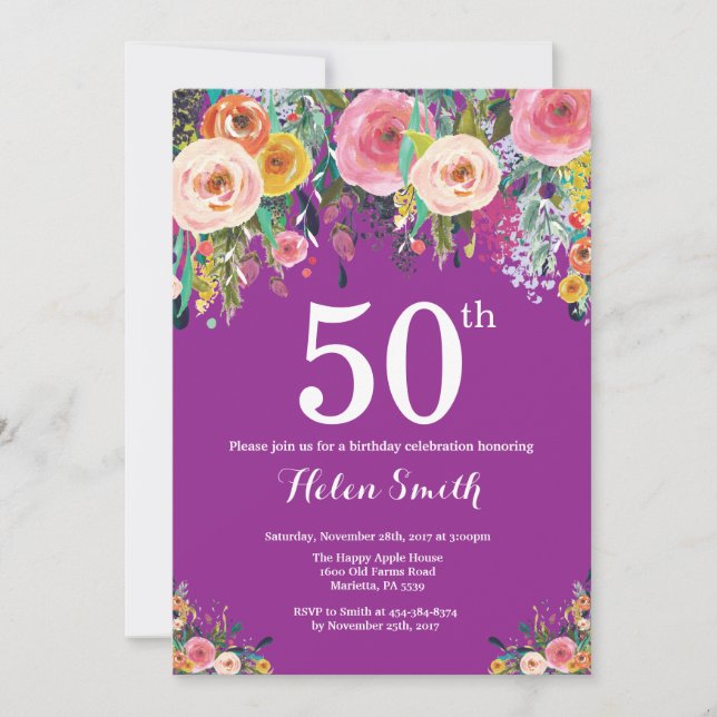 Convite de Aniversário de 50 anos Floral Roxo (Frente)