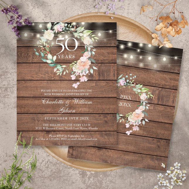 Convite de Aniversário de 50 Anos Floral Rústico E (Budget Rustic Floral 50th Anniversary Invitation)