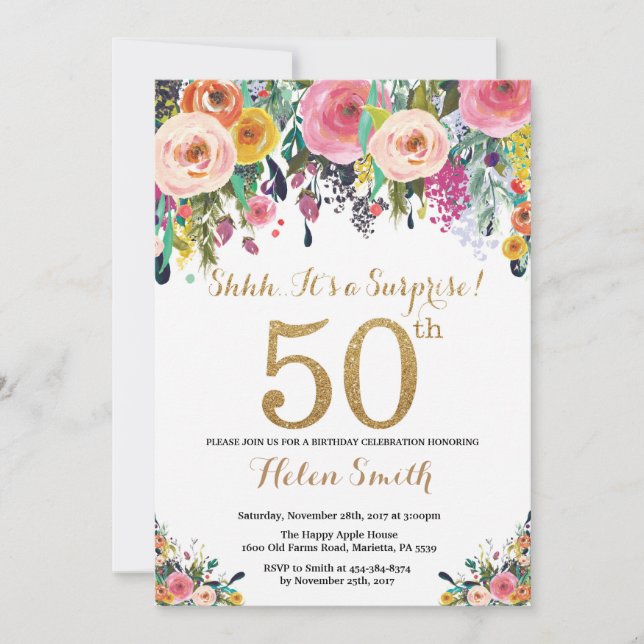 Convite de Aniversário de 50 anos Floral Surpresa  (Frente)