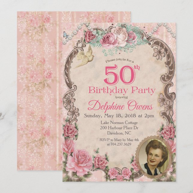 Convite de Aniversário de 50 anos Floral Vintage (Frente/Verso)