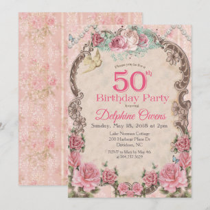 Convite de Aniversário de 50 anos Floral Vintage