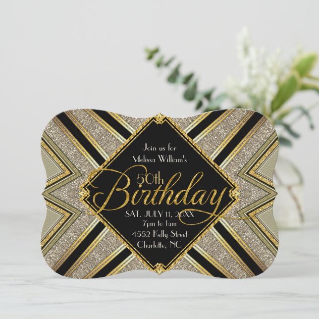 Convite de Aniversário de 50 anos Gatsby Preto e D (Em pé/Frente)