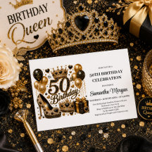 Convite de Aniversário de 50 anos Glamouroso Doura