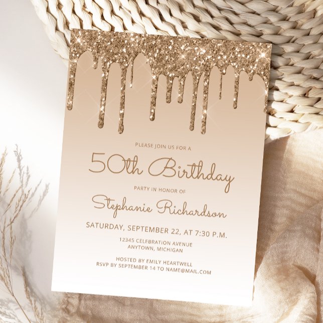 Convite de Aniversário de 50 anos Glitter Drips Go (Criador carregado)