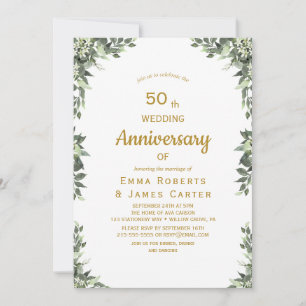 Convite de Aniversário de 50 Anos Greenery Gold