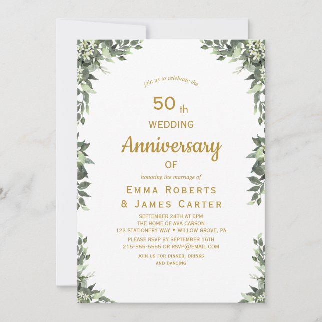 Convite de Aniversário de 50 Anos Greenery Gold (Frente)