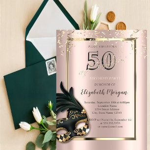 Convite de Aniversário de 50 Anos Masque Rose Gold