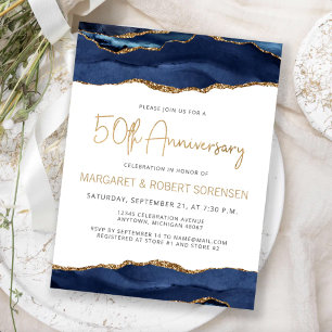 Convite de Aniversário de 50 anos Navy Blue Gold Á
