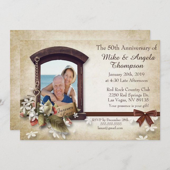 Convite de Aniversário de 50 anos no Estilo Vintag (Frente/Verso)