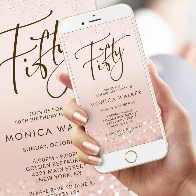 Convite de Aniversário de 50 anos para Celular com (Rose Gold Glitter 50th Birthday Mobile Invite)