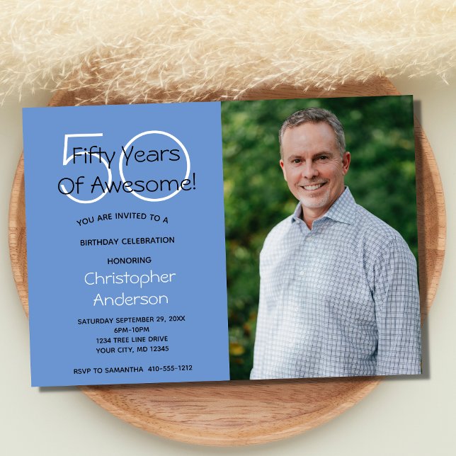 Convite de Aniversário de 50 Anos para Ele com Fot (50th Birthday Photo Invitation for him.)