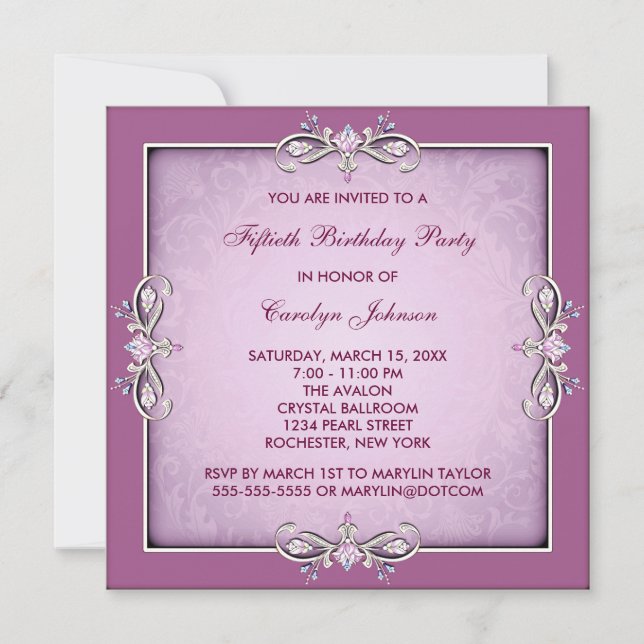 Convite de Aniversário de 50 anos Pink Rose Damask (Frente)