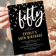 Convite de Aniversário de 50 anos Preto Dourado co