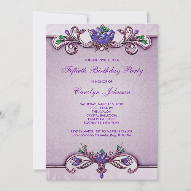 Convite de Aniversário de 50 Anos Purple Damask (Frente)