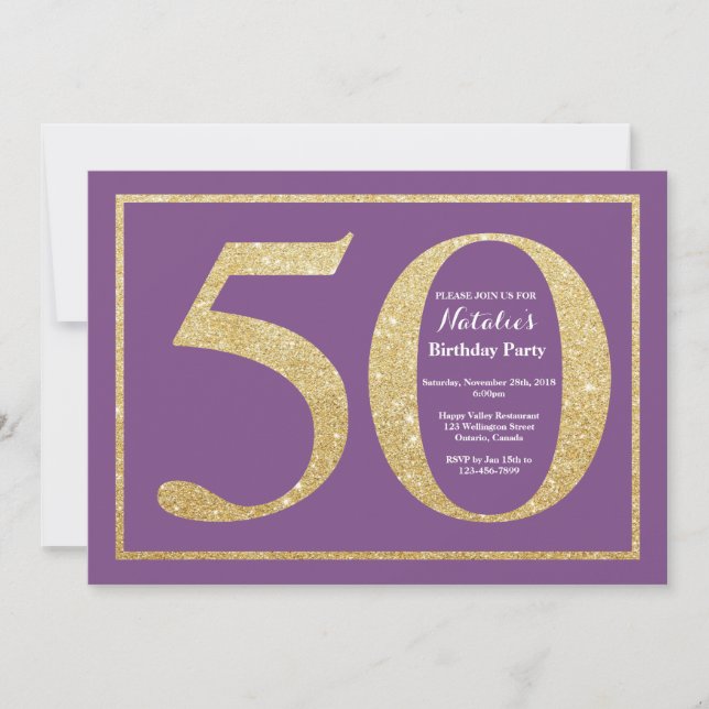 Convite de Aniversário de 50 anos Roxo e Dourado c (Frente)