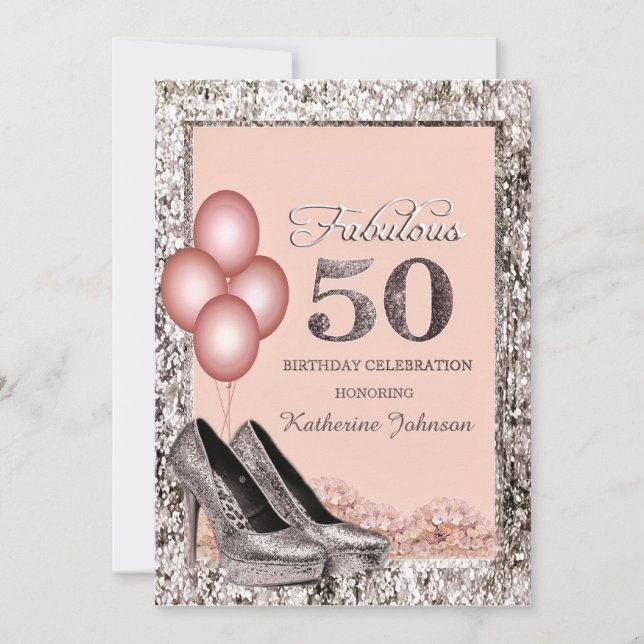 Convite de Aniversário de 50 anos Silver and Peach (Frente)