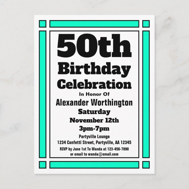 Convite de Aniversário de 50 anos Simples Verde Az (Frente)
