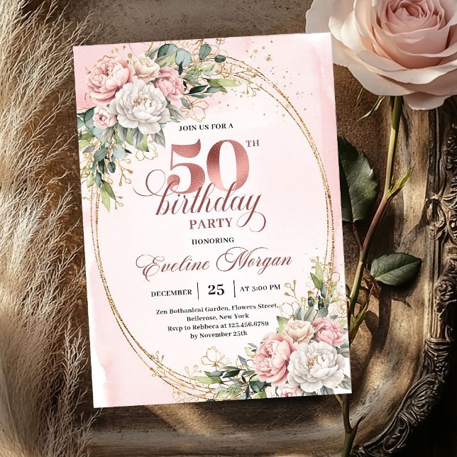 Convite de Aniversário de 50 anos Soft Botanical B (Soft Botanical Blush 50th Birthday Invitation)