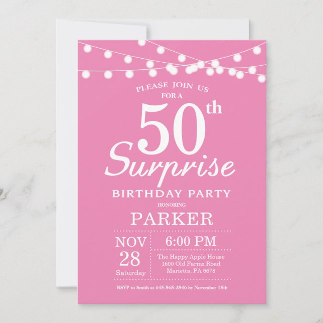 Convite de Aniversário de 50 anos Surpresa Rosa (Frente)