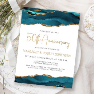 Convite de Aniversário de 50 anos Teal Gold Agate
