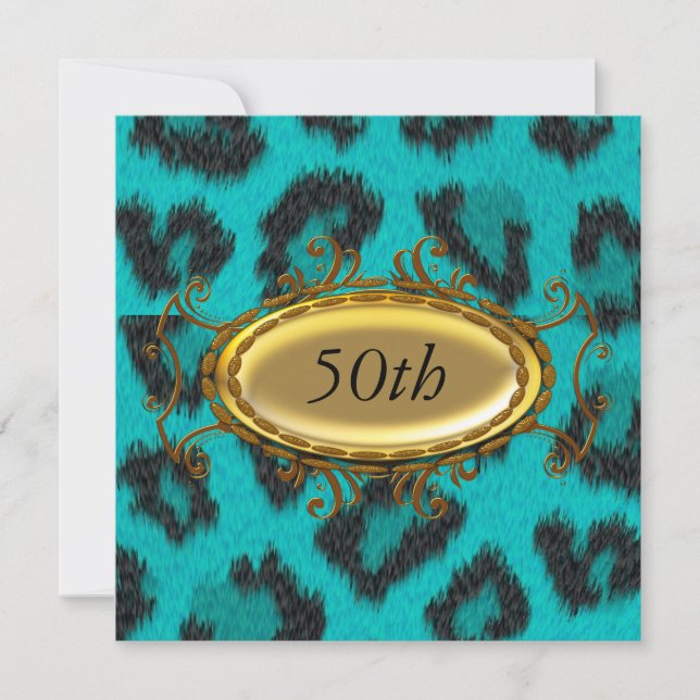 Convite de Aniversário de 50 anos Teal Leopard (Frente)