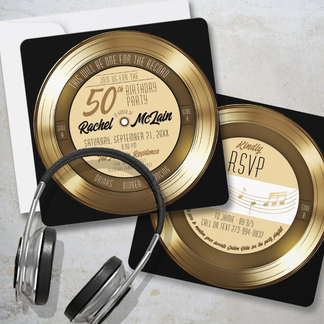 Convite de Aniversário de 50 anos Tema Disco de Ou (Fun unique retro black and gold music record 50th birthday party celebration square invitation A B)