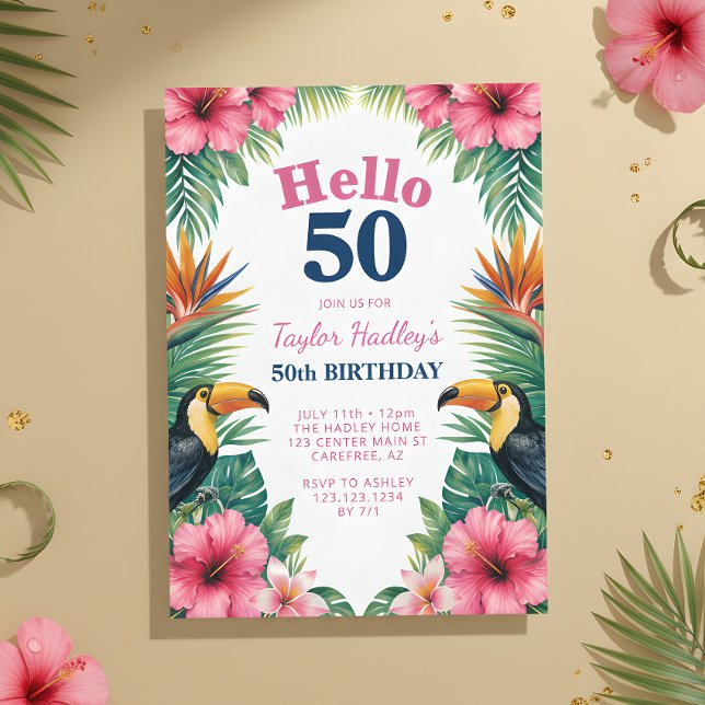Convite de Aniversário de 50 anos Tropical Hello 5 (Criador carregado)